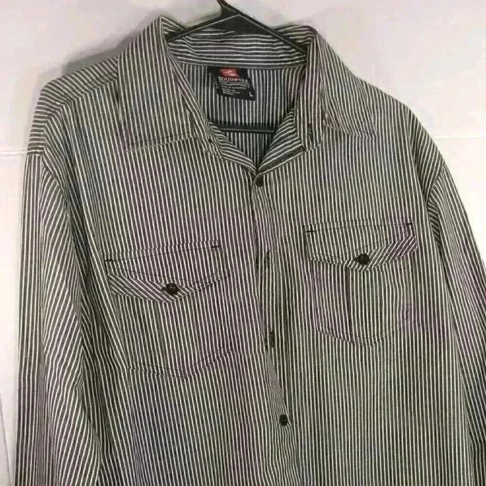 "SOUTHPOLE" VTG Men's Button Down Long Sleeve Black/ White Strip Mens Size Large